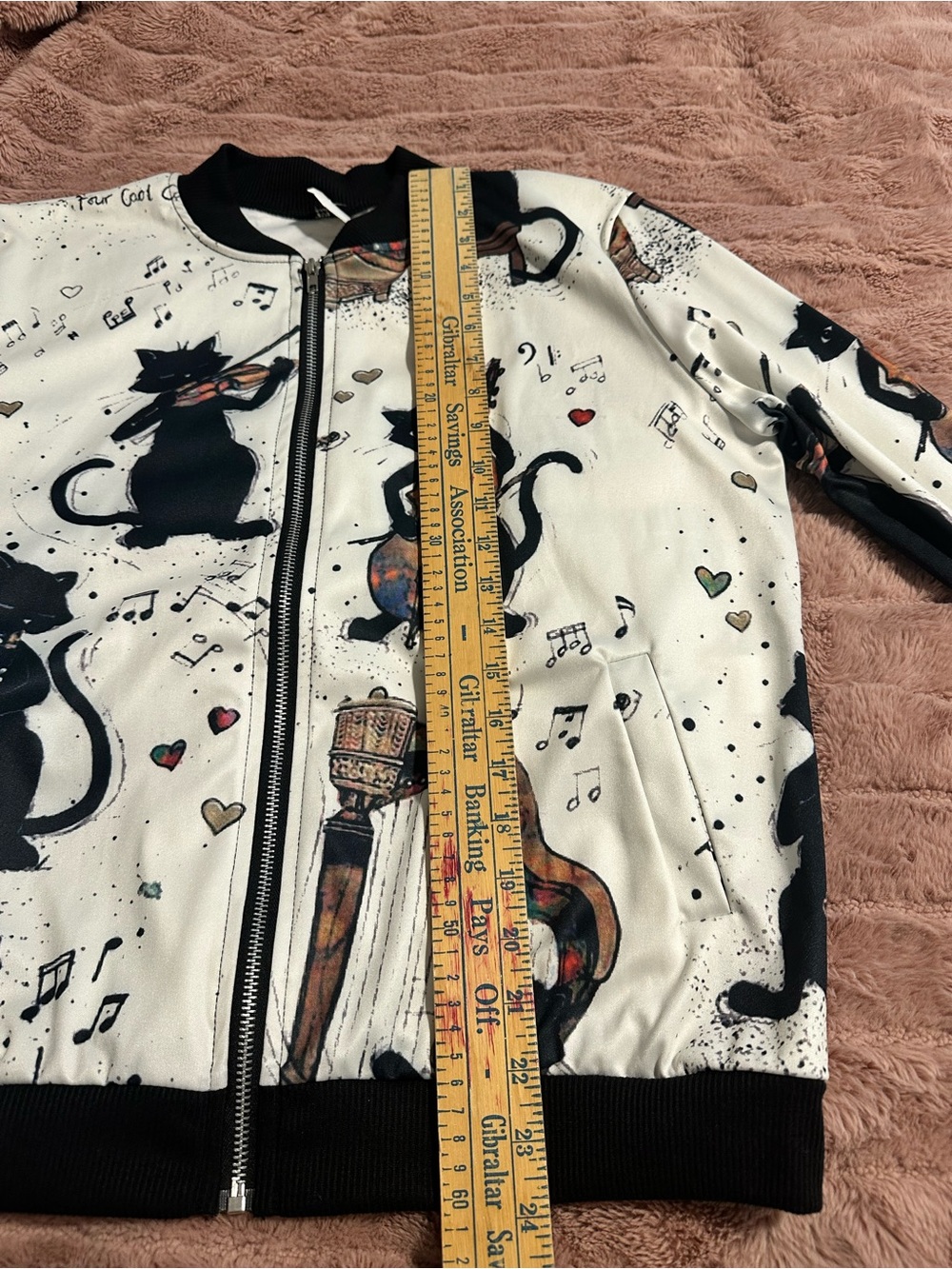 Women's White Bomber Jacket with Musical Cat Print - Picture 6 of 6